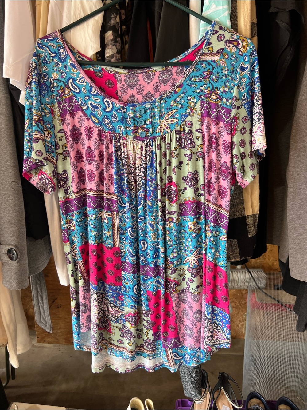 Boho Patchwork Short-Sleeve Women's Top - Pink & Teal